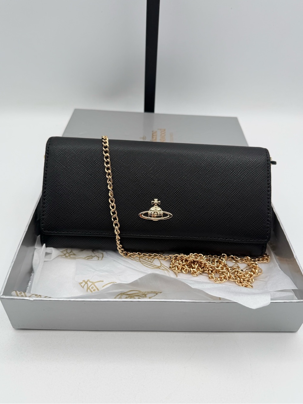 Vivienne Westwood Black Saffiano Chain Wallet purse Bag